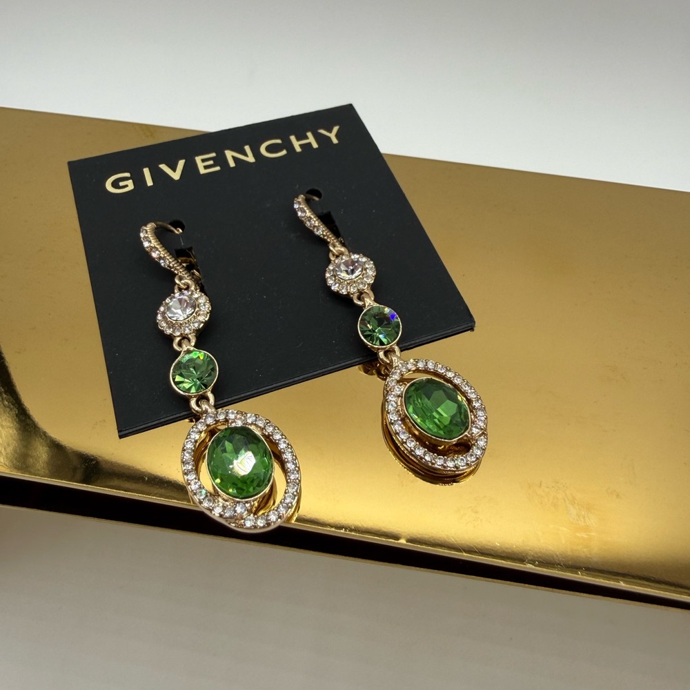 Givenchy Statement Drop Gold Tone With Green And Clear Crystals Earrings - Picture 10 of 15